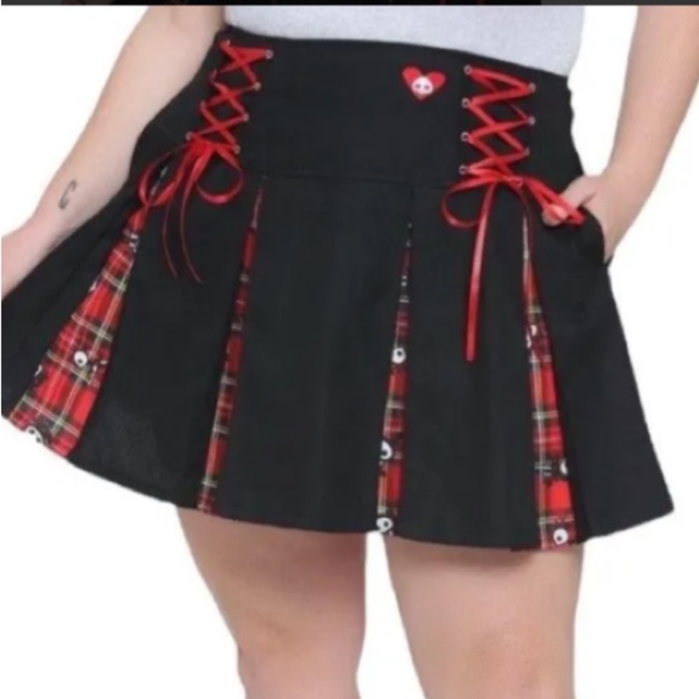 Hot Topic Skelanimals Plaid Contrast Pleated Skull Skirt Black Red Size SM